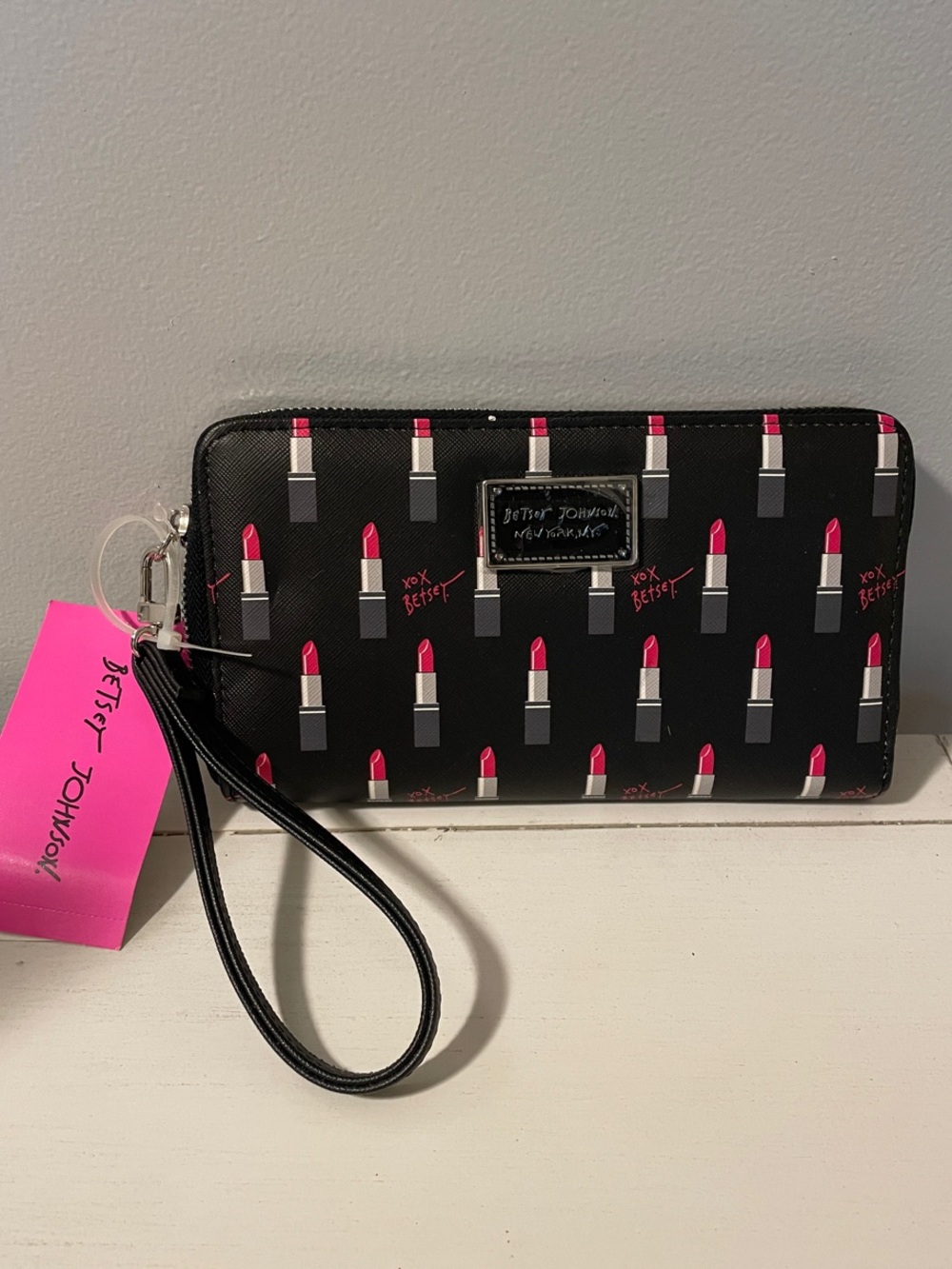 Betsey Johnson Black Wallet Wristlet with Pink Lipstick Pattern